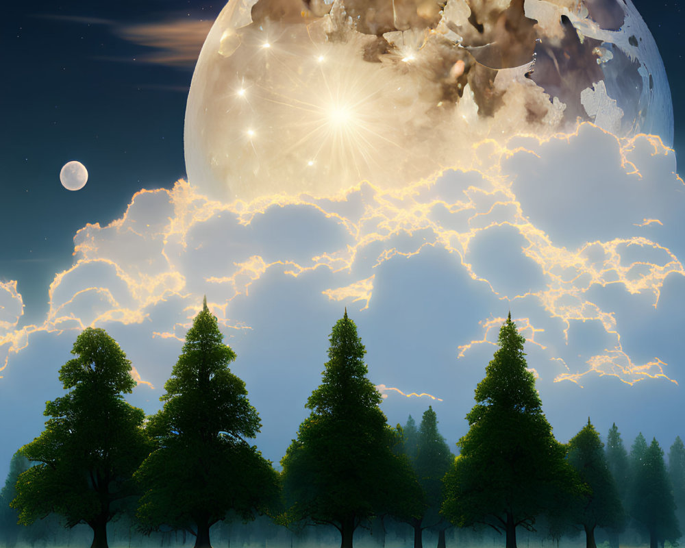 Surreal landscape with oversized moon, silhouetted trees, twilight clouds, starry sky