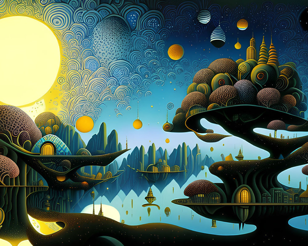 Vibrant floating islands in celestial landscape