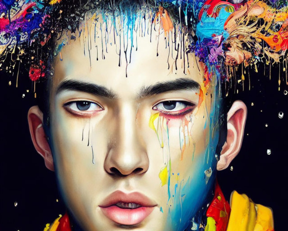 Colorful Paint Explosion Portrait with Dynamic Splashes and Drips