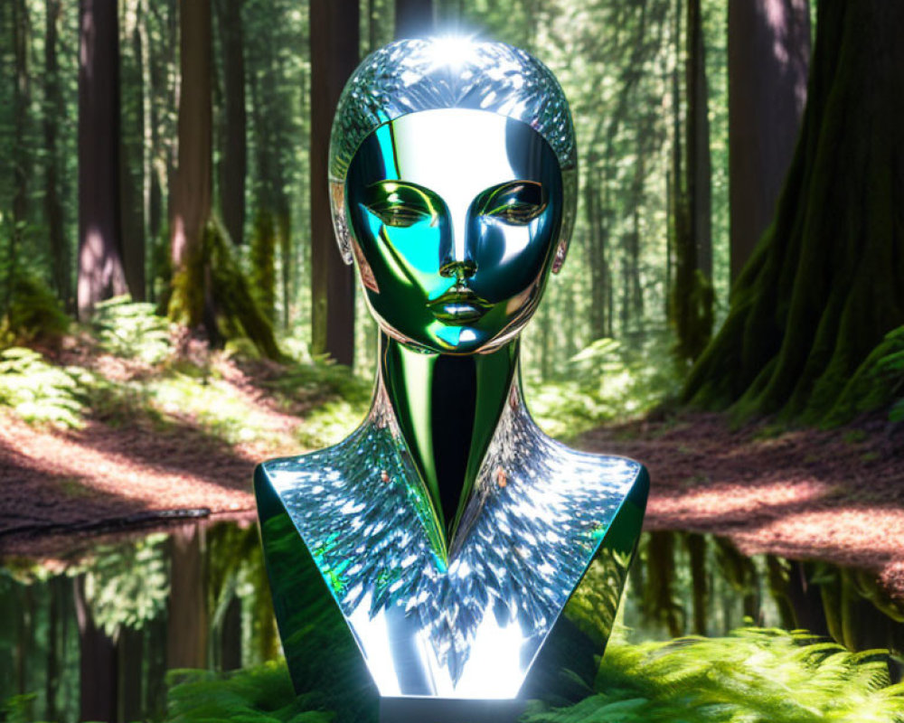 Reflective humanoid robot torso against lush greenery landscape