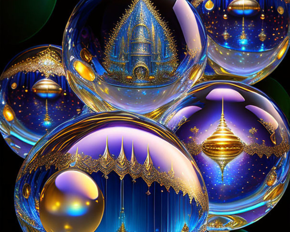 Shiny orbs with patterns reflecting buildings on dark background