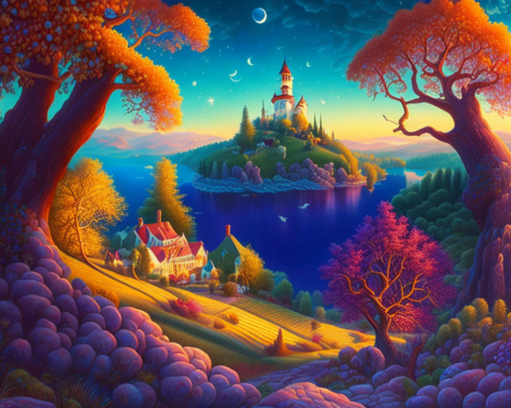 Whimsical castle on island in idyllic dusk landscape