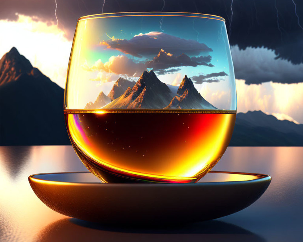 Amber Liquid in Snifter Glass Against Stormy Sky