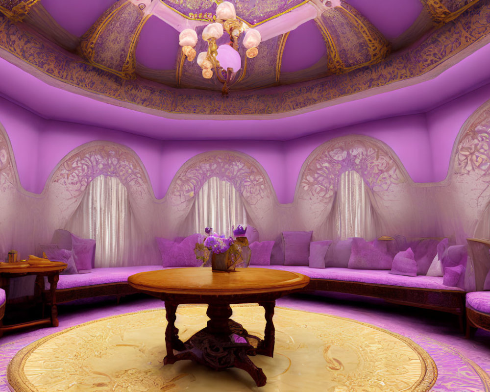 Luxurious Purple and Gold Interior with Round Table and Plush Sofas