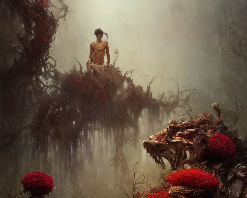 Person sitting in mystical landscape with overgrown flora and vibrant red flowers