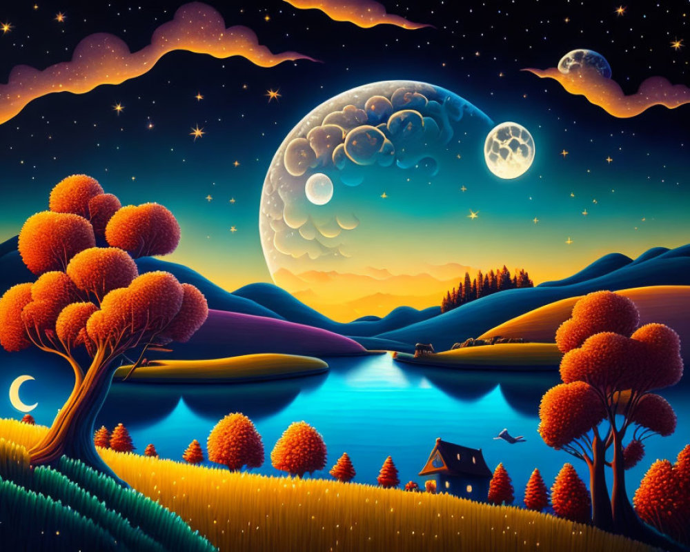 Colorful Night Landscape with Trees, Hills, Lake, House, Moons, and Stars