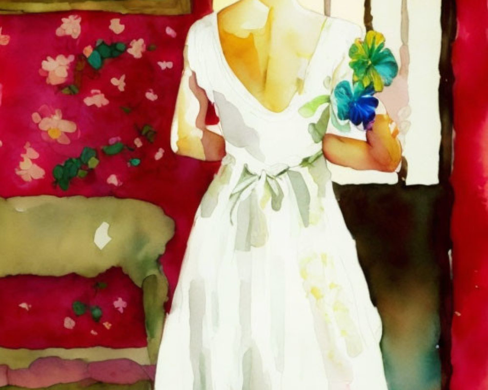 Woman in white dress with green bow holding flower by window in colorful watercolor.