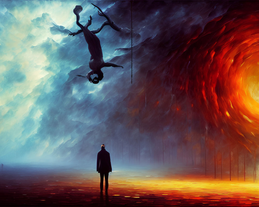 Surreal artistic depiction of person in suit and levitating figure in swirling vortex sky