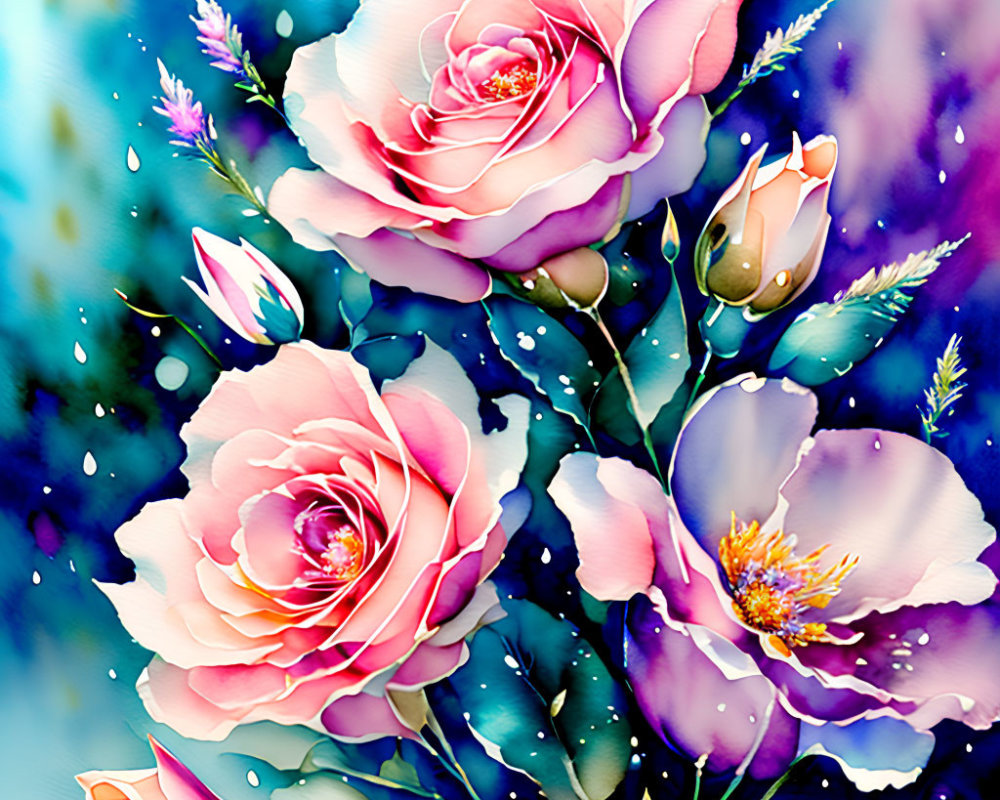 Detailed illustration of pink roses with water droplets and delicate flowers on dreamy blue background.