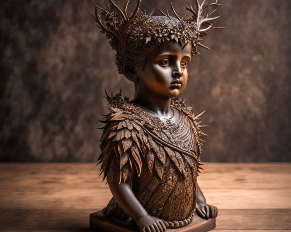 Bronze child bust with leaf and feather details and crown on brown background