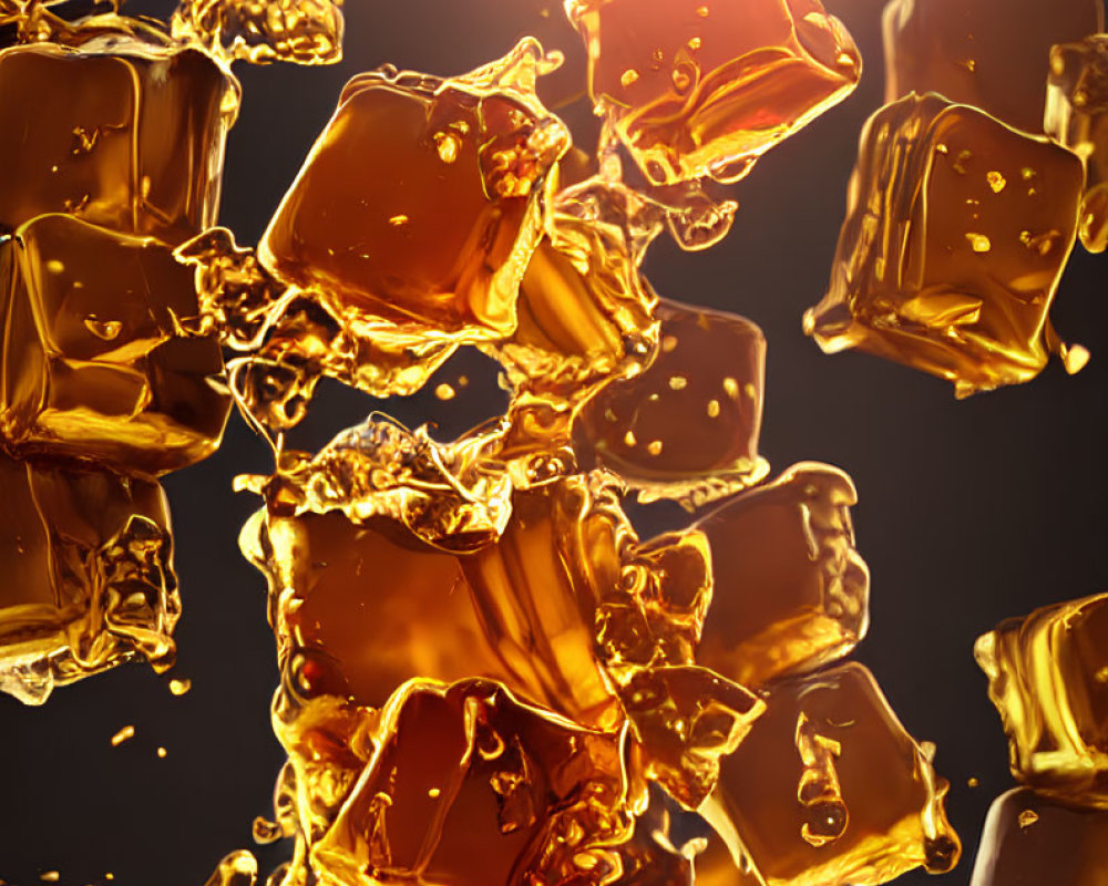 Shiny caramel liquid with floating cubes on dark background