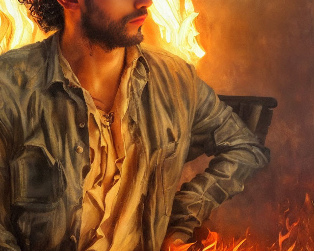 Curly-Haired Man Sitting Surrounded by Flames