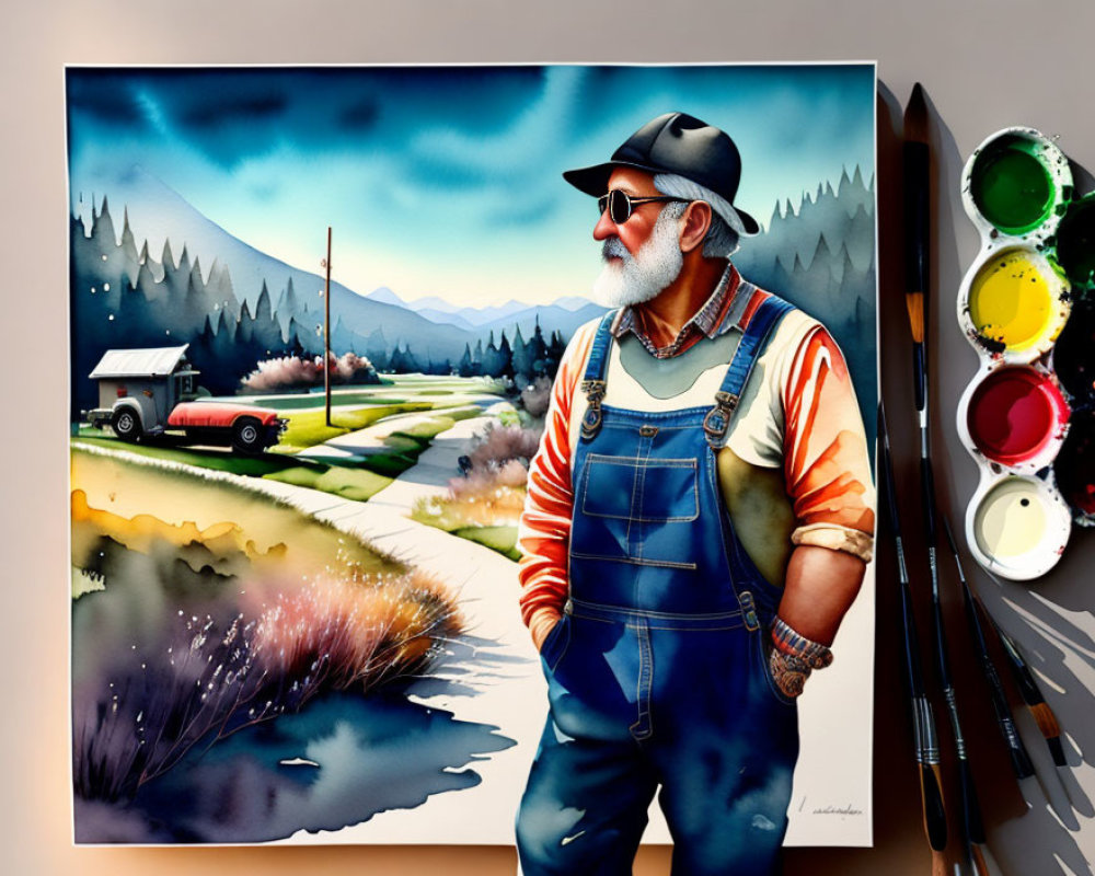 Illustration of older man in cap and overalls next to scenic countryside with red truck