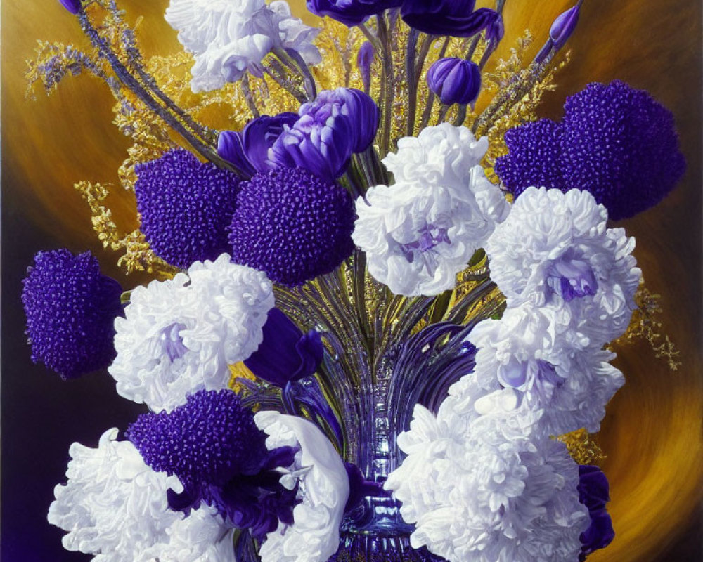 Colorful Still Life Painting: White and Purple Flowers in Blue Vase