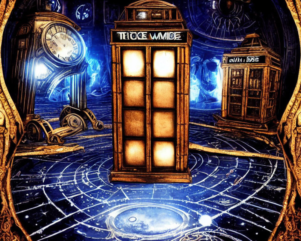 Fantastical image of glowing "TELEPHONE" booth in celestial gear-filled space