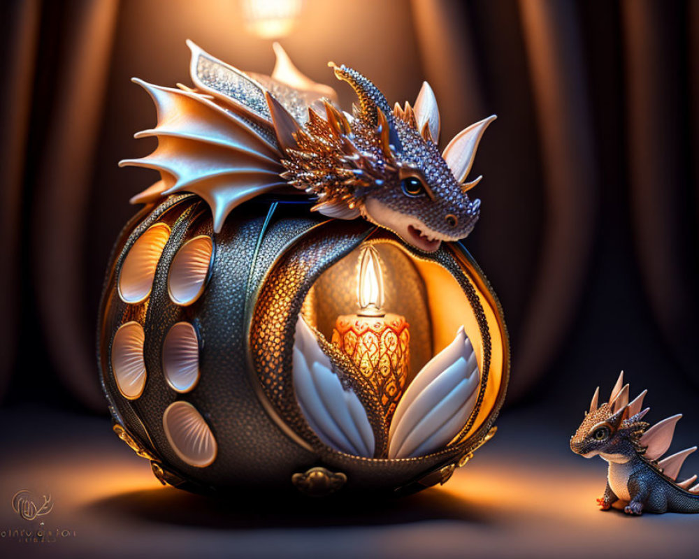 Whimsical digital art featuring two dragons and a lantern