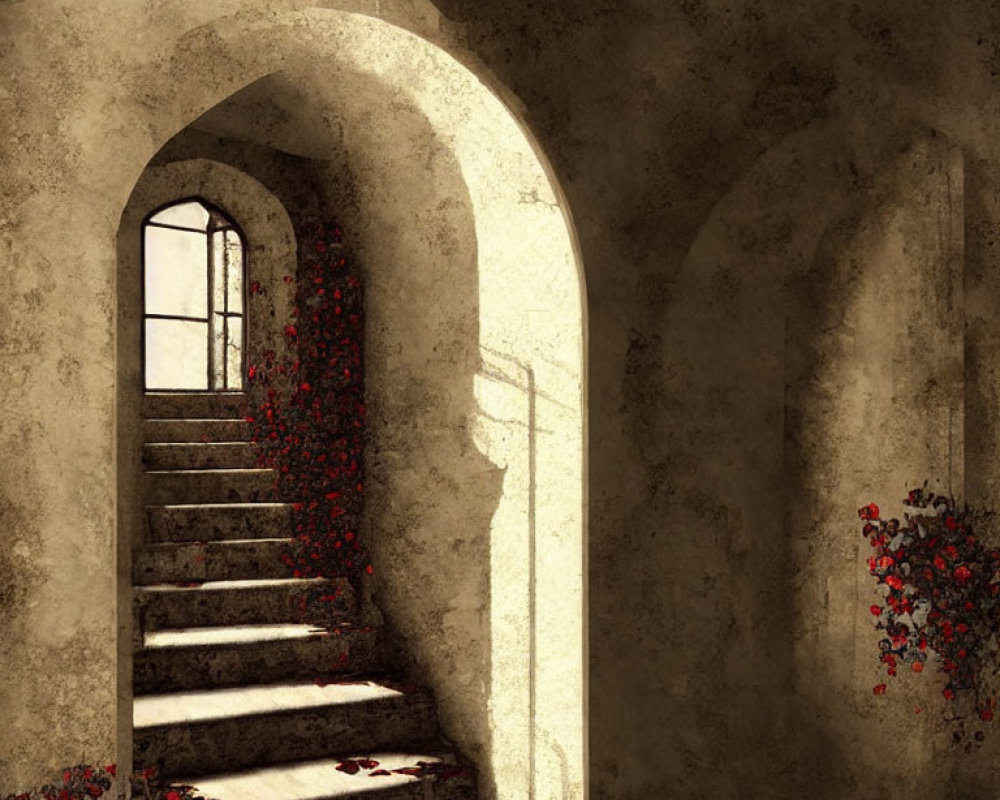 Arched Stairway with Red Flowers and Soft Light