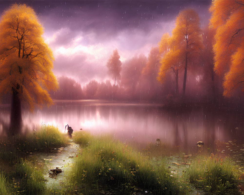 Tranquil autumn landscape with golden trees, lake reflection, person, dog, rain, and soft