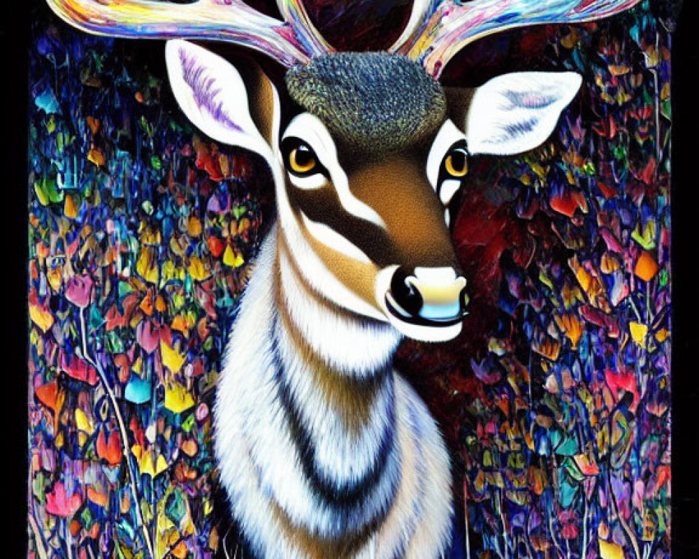 Colorful Deer Artwork with Glowing Antlers and Floral Background