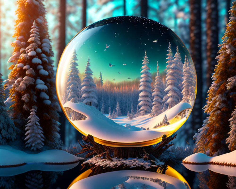 Snow globe with wintry forest scene: pine trees, twilight sky, birds, and distant trail.