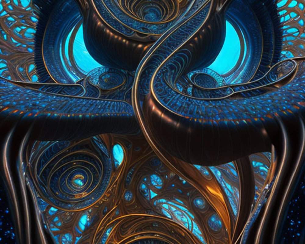 Intricate Blue and Bronze Fractal Art on Dark Background