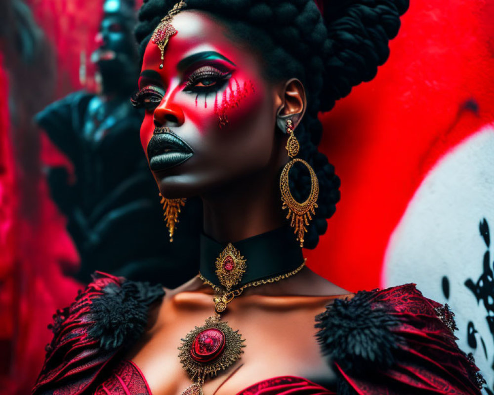 Vibrant portrait of a woman with bold makeup and jewelry against graffiti backdrop