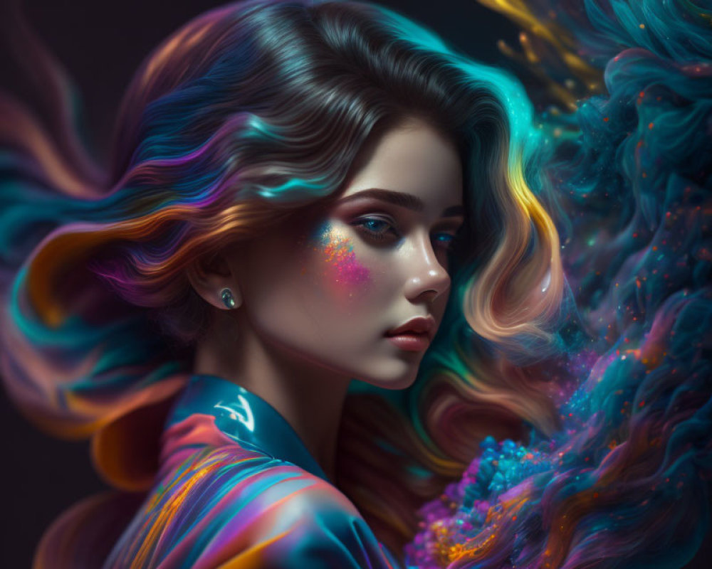 Vibrant multicolored hair portrait with dynamic background and glitter accent.