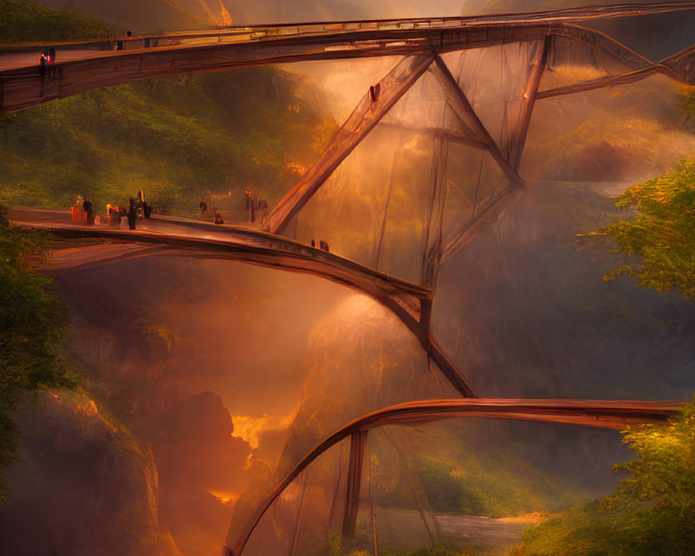 Surreal multi-layered bridge in mountainous terrain with golden sunlight and water reflections