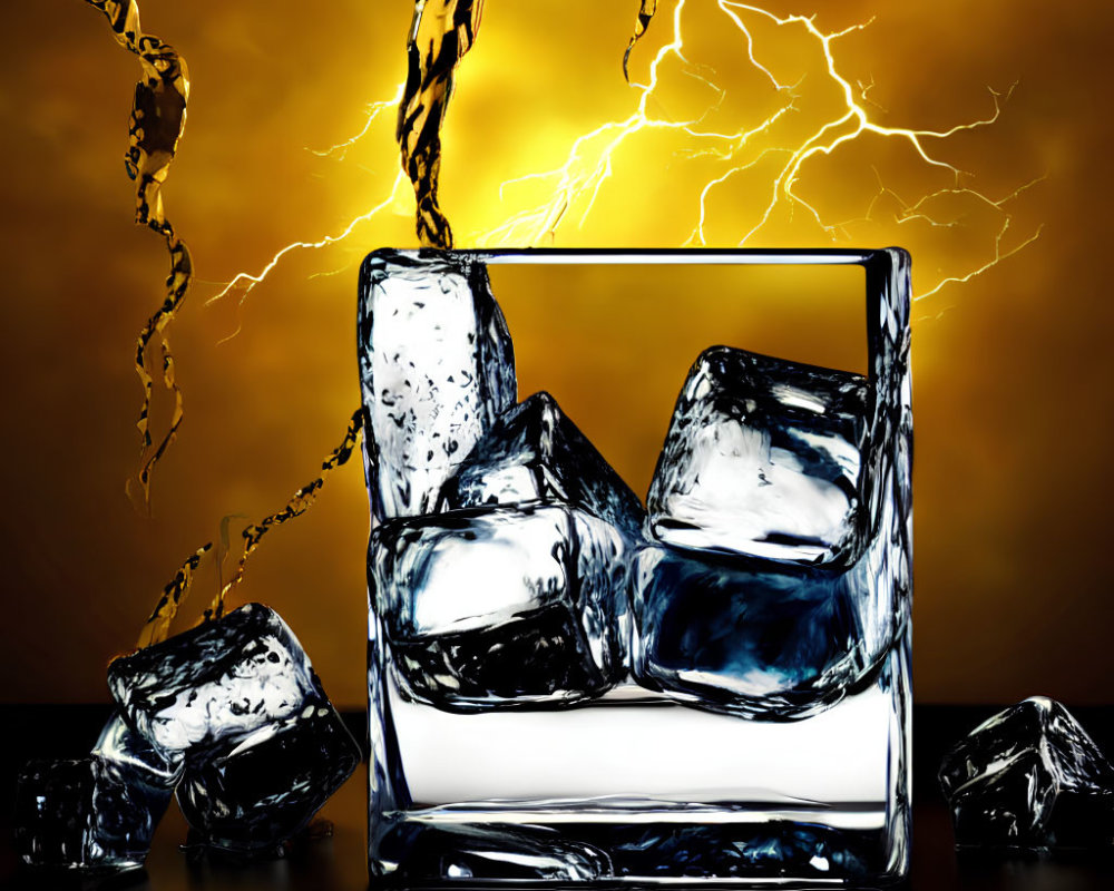 Glass of Ice Cubes on Yellow Sky with Lightning and Liquid Splashes