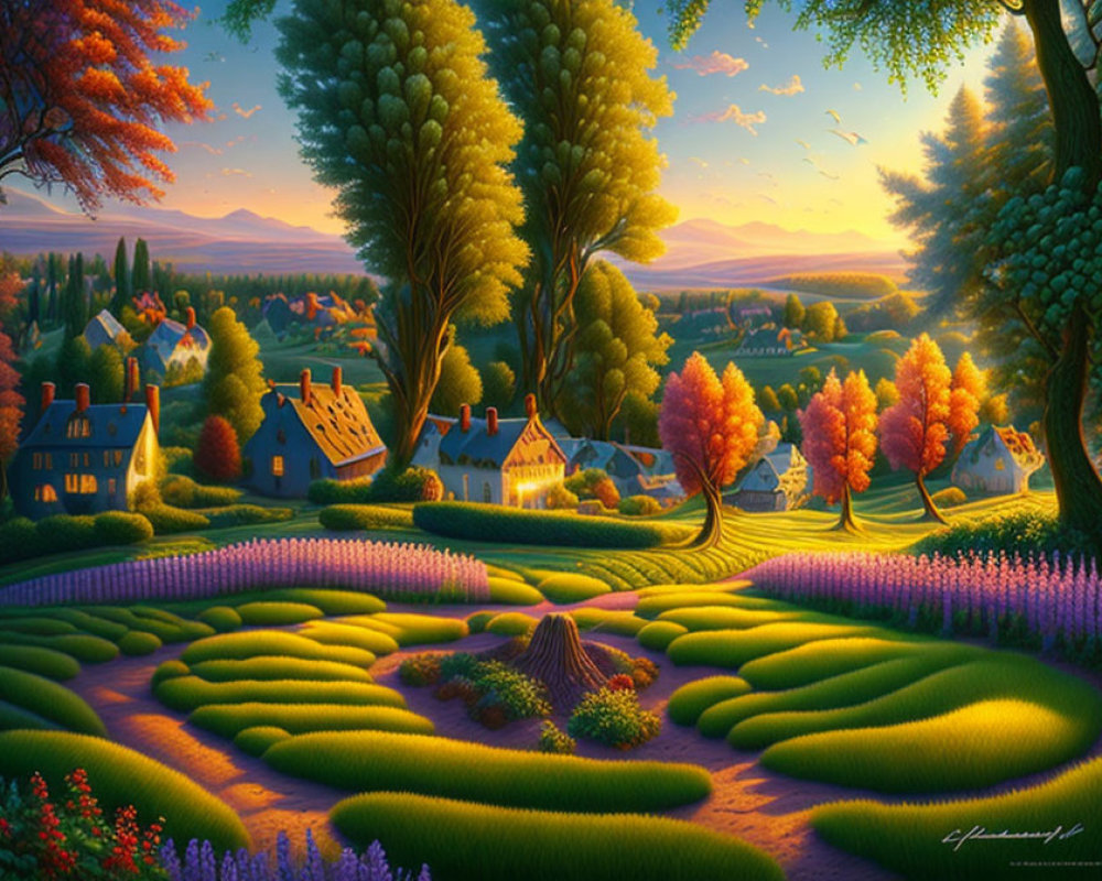 Colorful Landscape with Whimsical Trees and Cozy Houses at Sunset