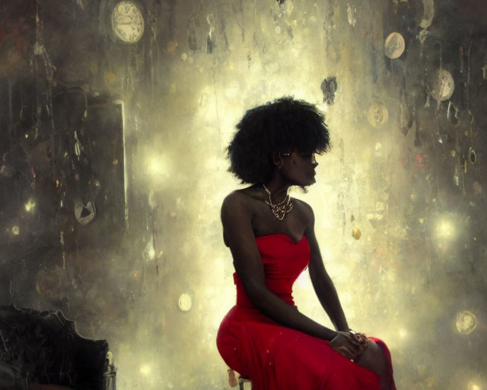 Woman in Red Dress Contemplating Among Vintage Clocks and Chandelier