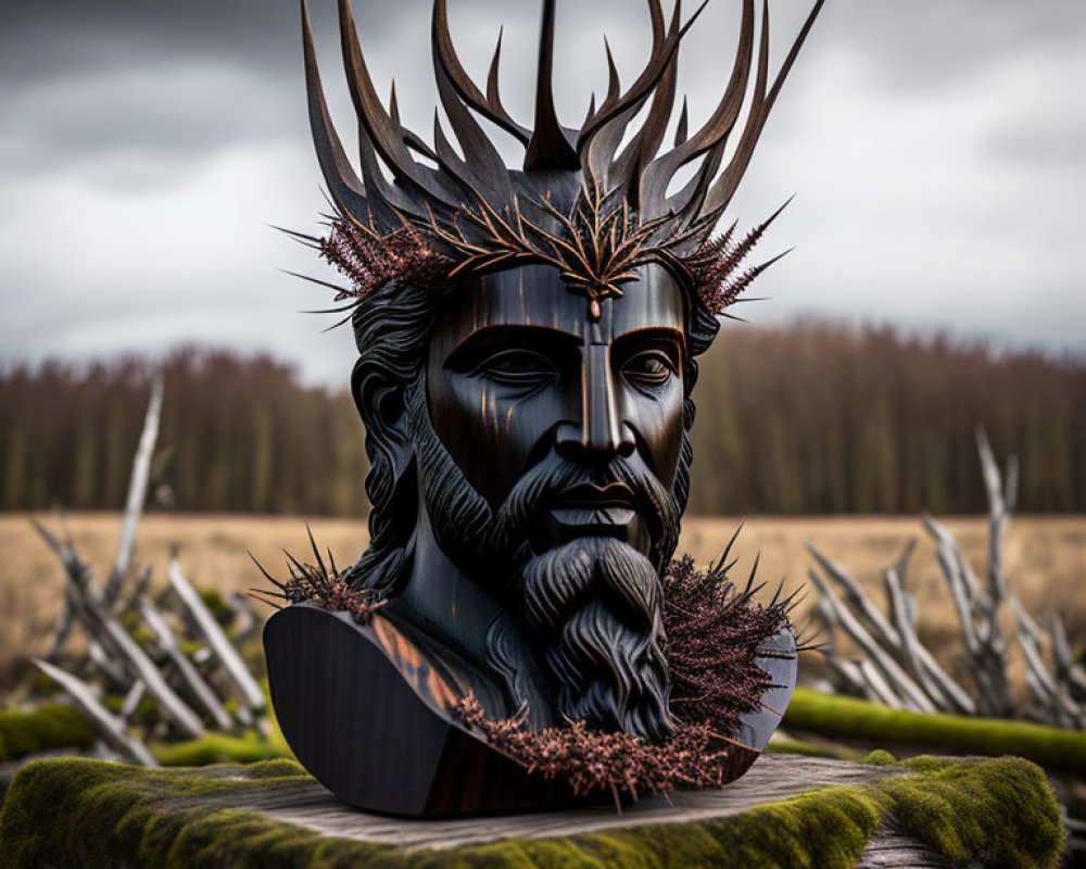 Bearded man sculpture with ornate crown in barren field