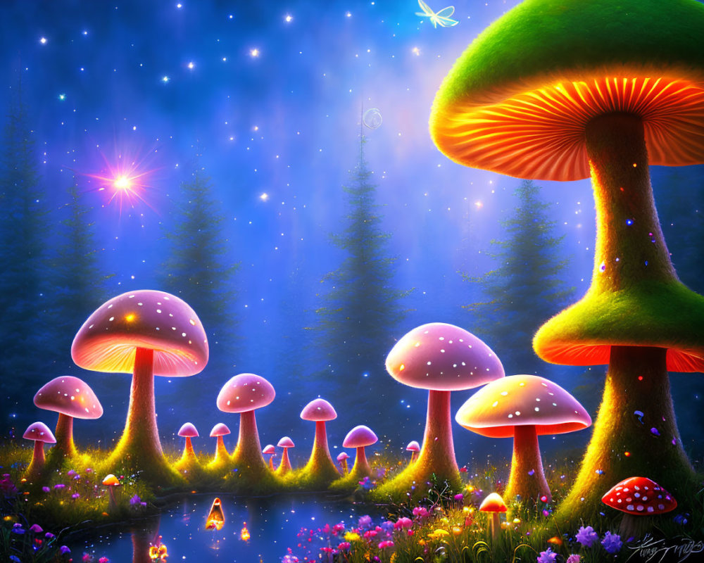 Colorful Fantasy Forest Scene with Glowing Mushrooms and Starry Sky