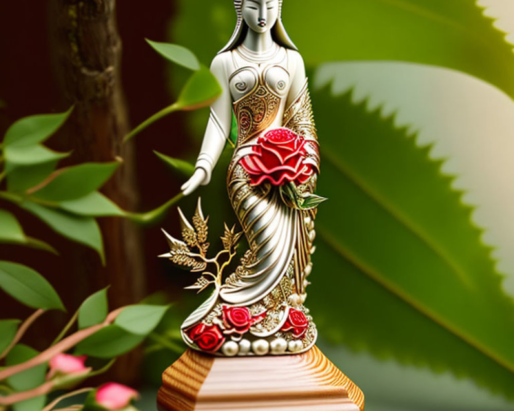 Intricate female deity figurine with floral patterns and blossom on green backdrop