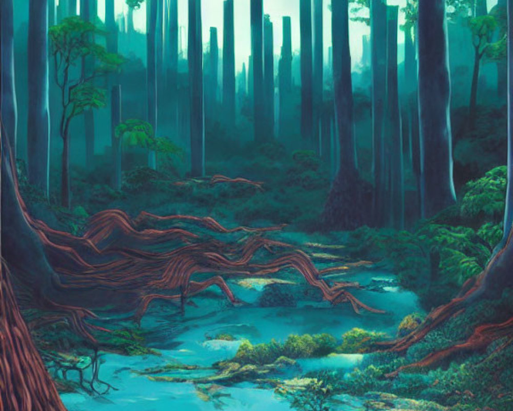 Tranquil forest scene with tall trees, exposed tree root, and blue stream