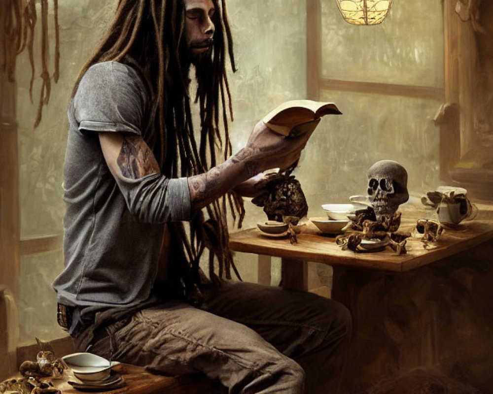 Person with dreadlocks and tattoos reading book at rustic wooden table in dim, forest-themed room