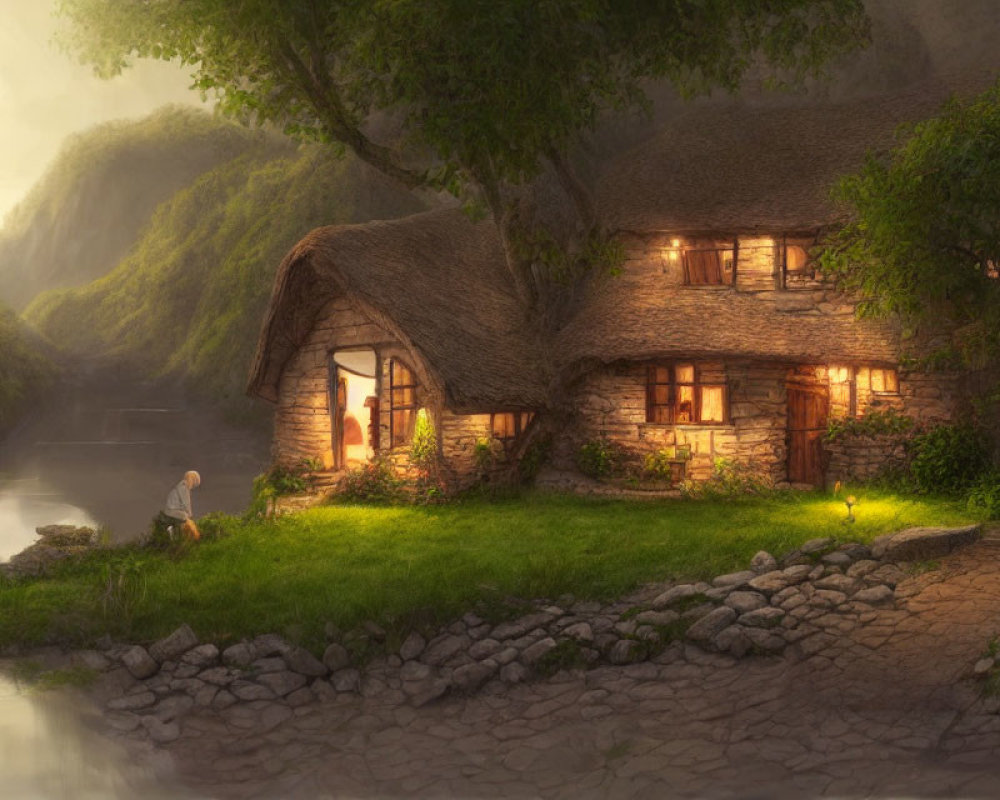 Tranquil thatched roof cottage by river with elderly person, lush greenery.