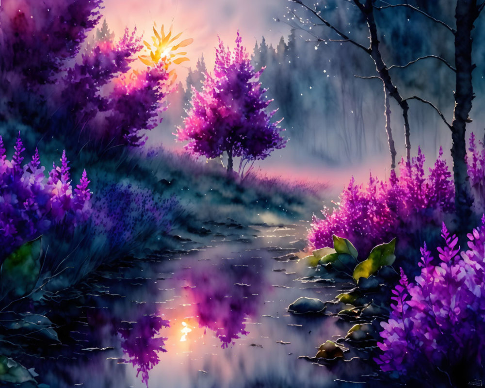 Purple-Hued Forest Scene with Stream and Blossoming Trees