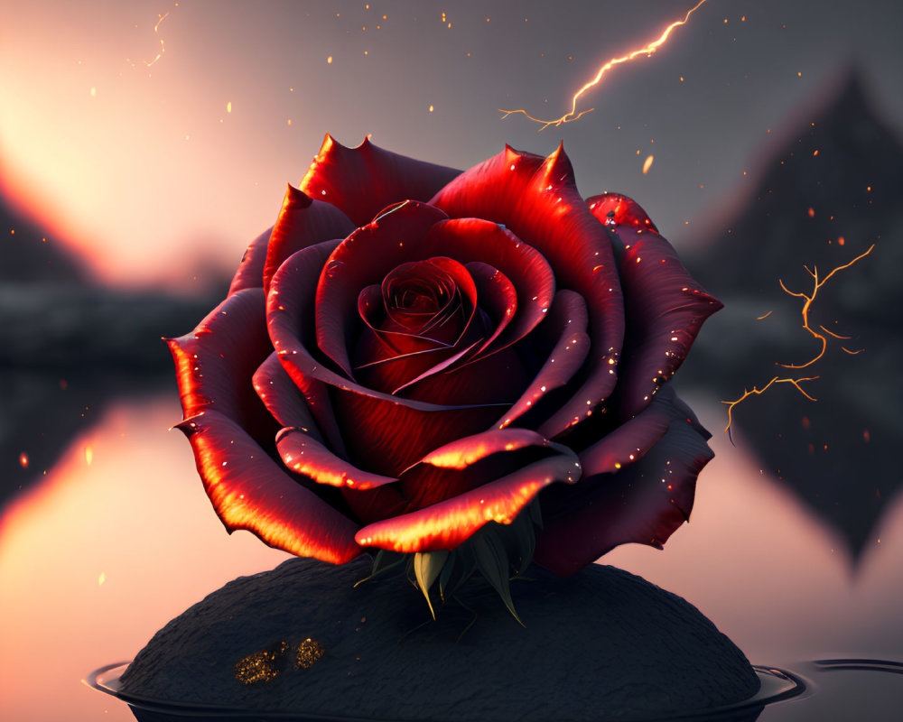 Vividly colored rose on rock with glowing edges in electrifying twilight scene