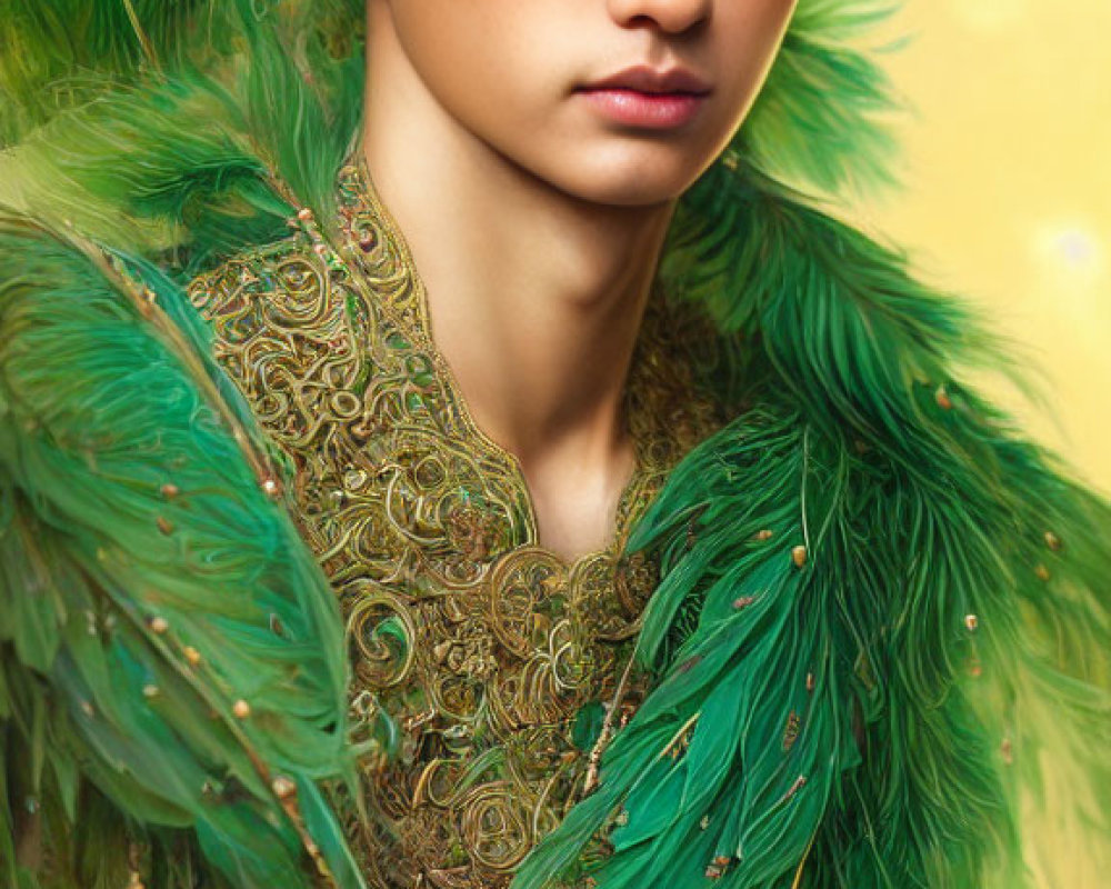 Luxurious Green and Gold Portrait with Peacock Feather Accents