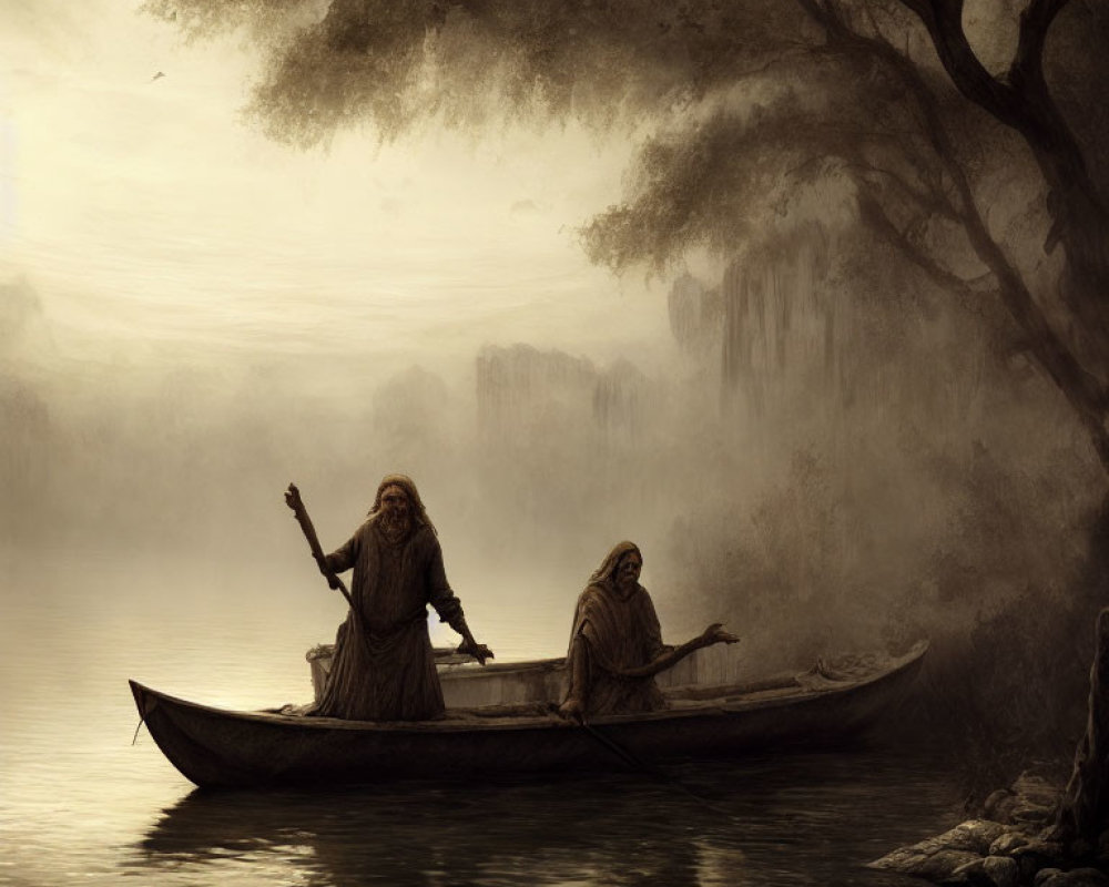 Cloaked figures in canoe on foggy river near tree and rocky shore