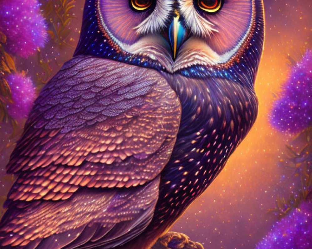 Detailed illustration of owl by water under starry sky