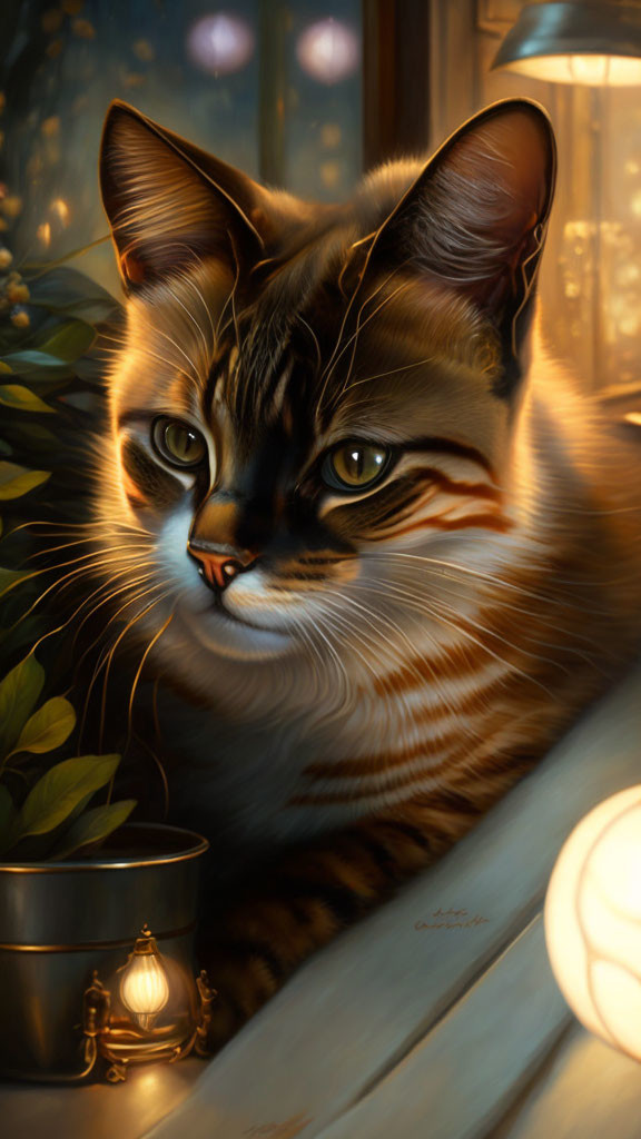 Detailed digital artwork: Brown-striped cat by window with evening light