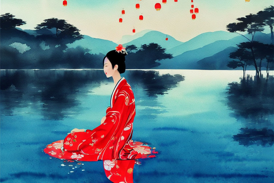 Person in Red Kimono by Calm Lake with Mountains and Lanterns