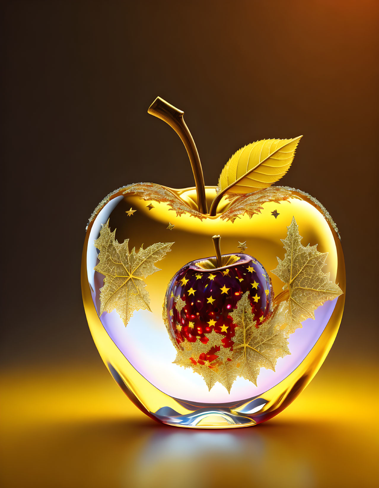 Shiny golden apple with autumn leaves and star-patterned smaller apple on warm background