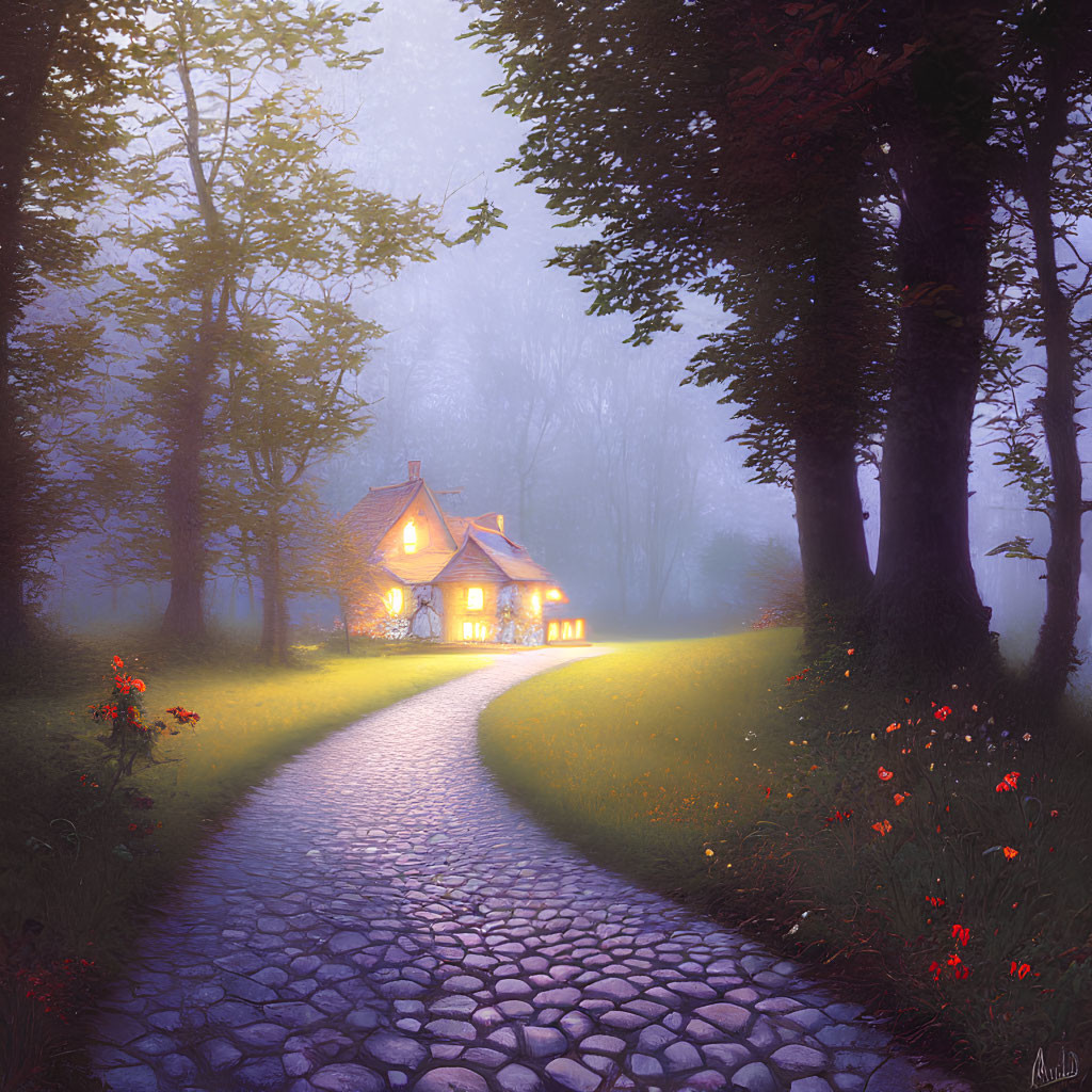 Twilight forest scene with cozy illuminated cottage and cobblestone pathway