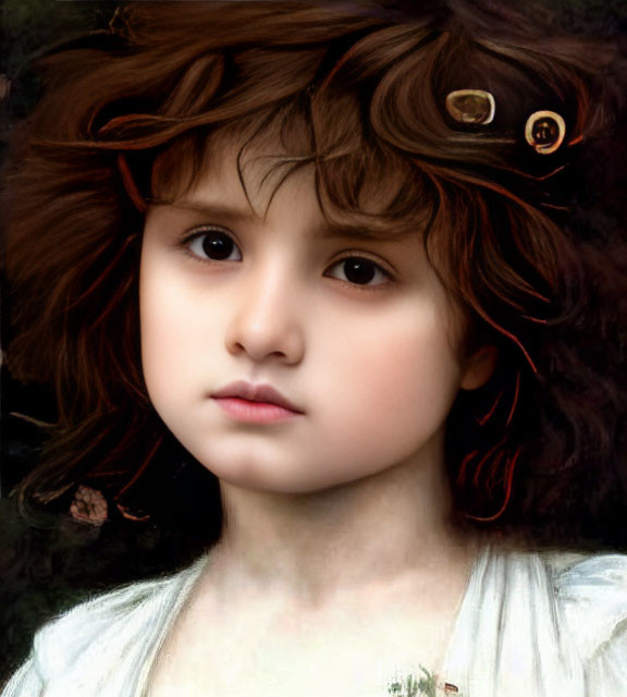 Young Child Portrait with Wavy Brown Hair and Intense Gaze