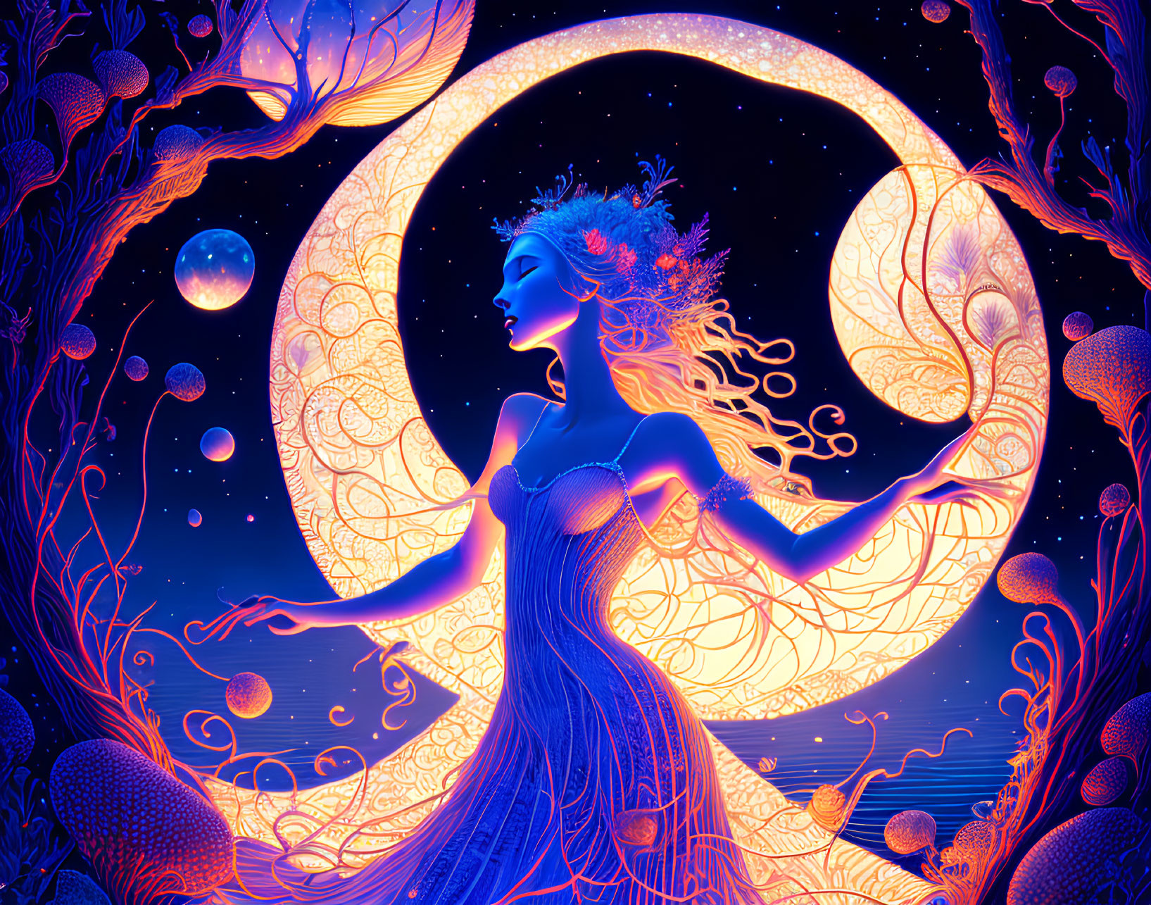 Colorful artwork of mystical woman in nature with crescent moon