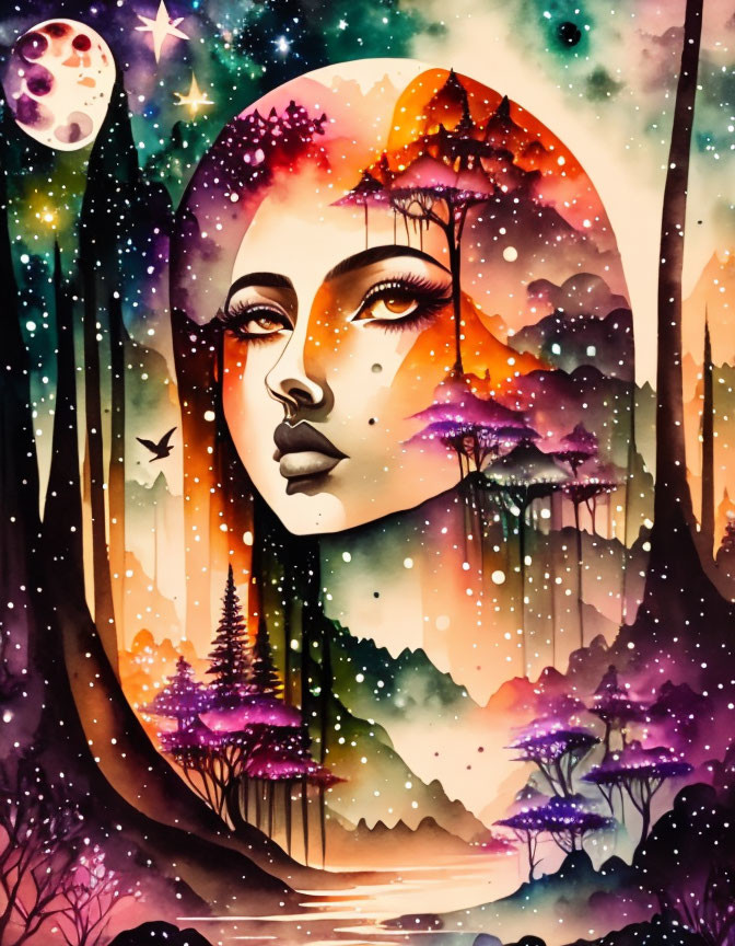 Illustration of woman's face merged with nature scene: trees, river, starry night sky,