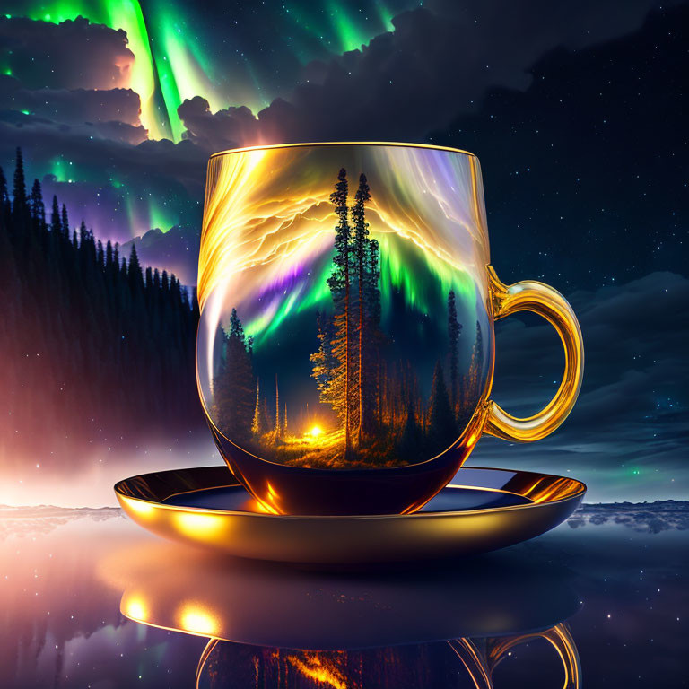 Transparent coffee cup with storm and aurora borealis scene on starry night sky